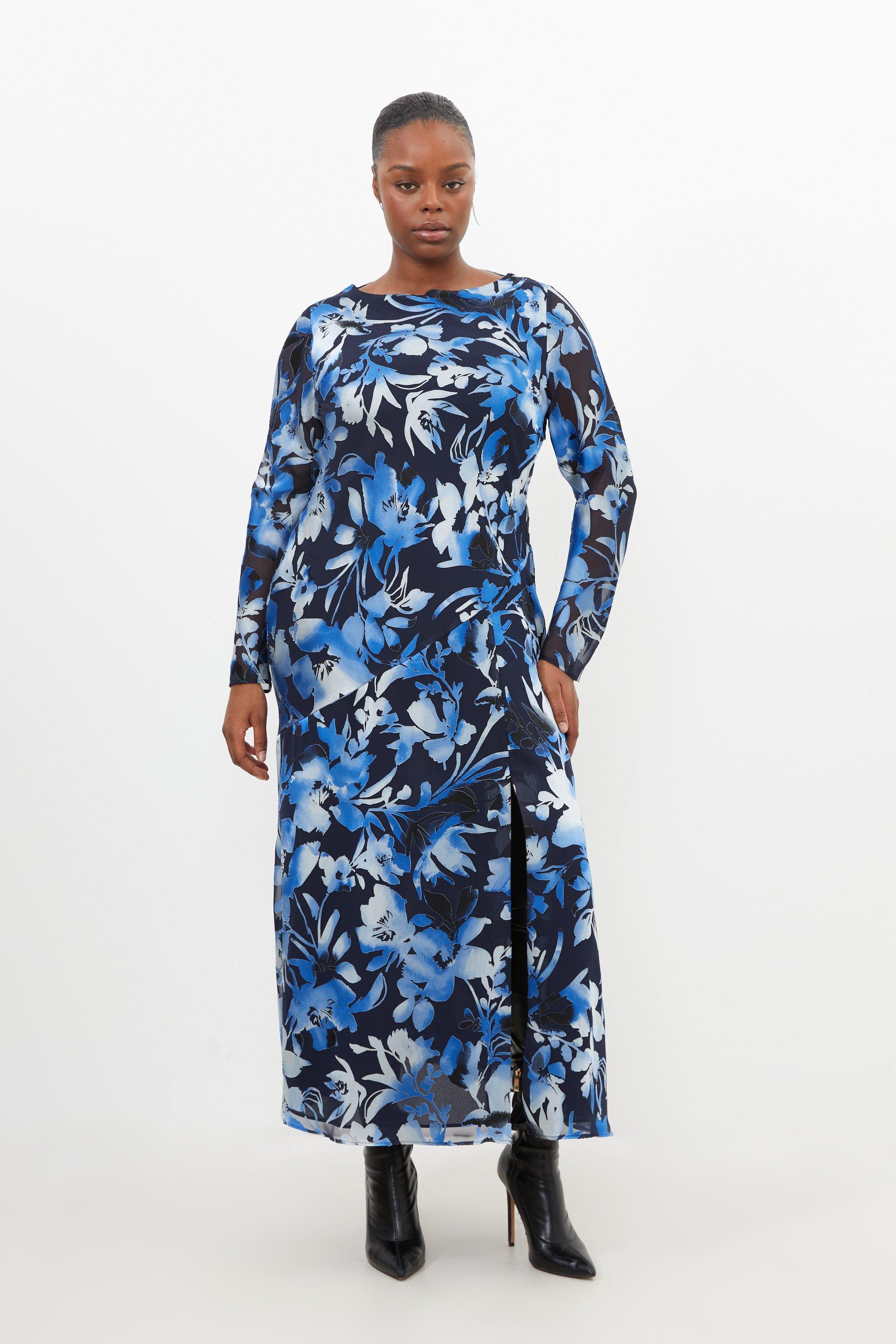 Plus Size Scattered Floral Print Pleated Split Maxi Dress