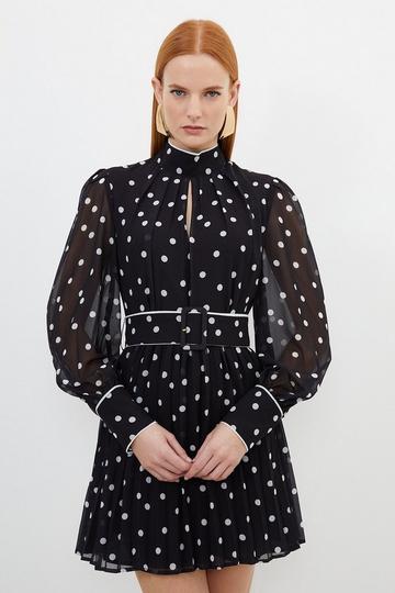 Black Tall Pleated Contrast Georgette Spot Woven Mini Dress