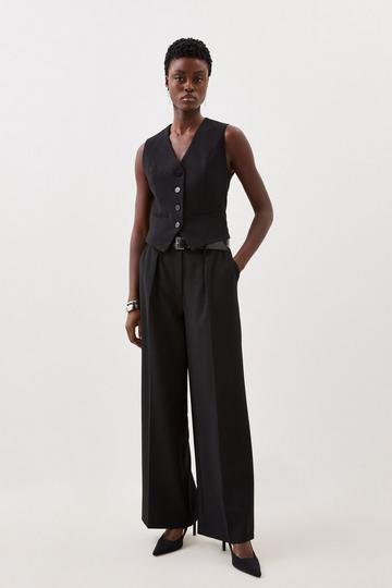 Black Compact Stretch Darted Wide Leg Trousers