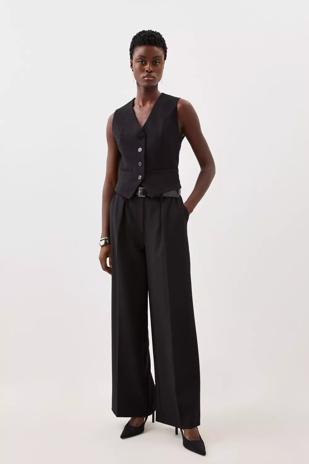 Women Black Front Darted Palazzo Pants