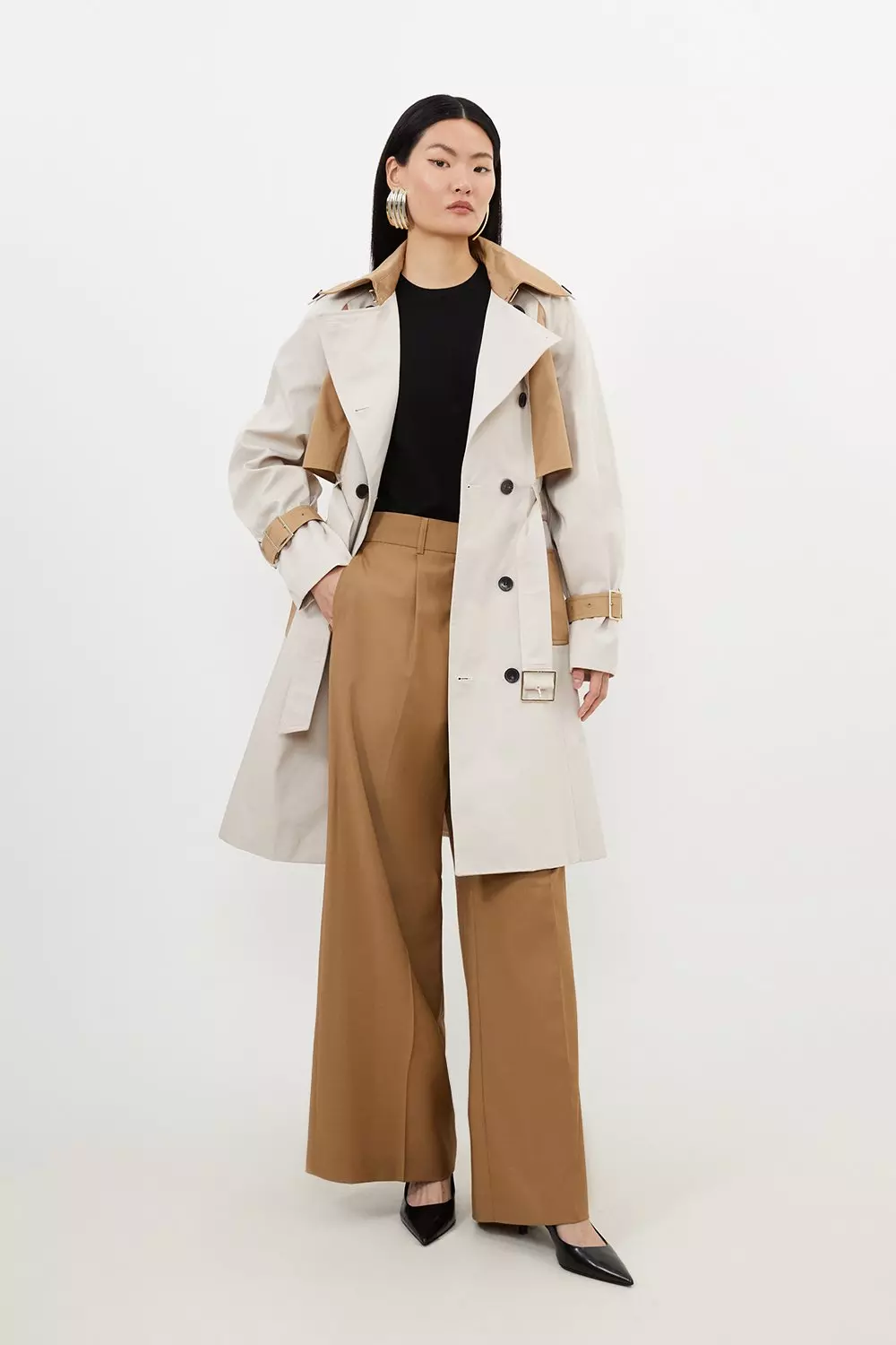 Tailored Full Skirt Color Block Midi Trench Coat | Karen Millen