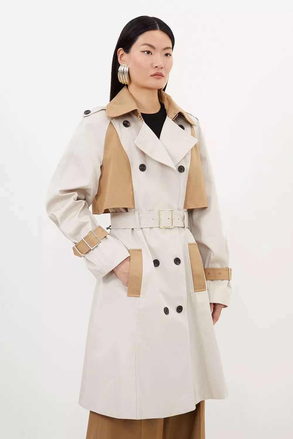 Tailored Full Skirt Color Block Midi Trench Coat | Karen Millen