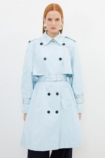Blue Petite Tailored Full Skirt Midi Trench Coat