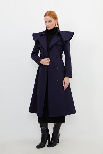 Navy Tailored Draped Storm Flap Detail Belted Trench Coat