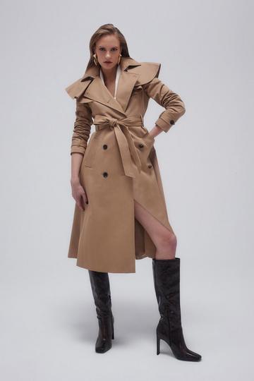 Camel Beige Tailored Draped Storm Flap Detail Belted Trench Coat