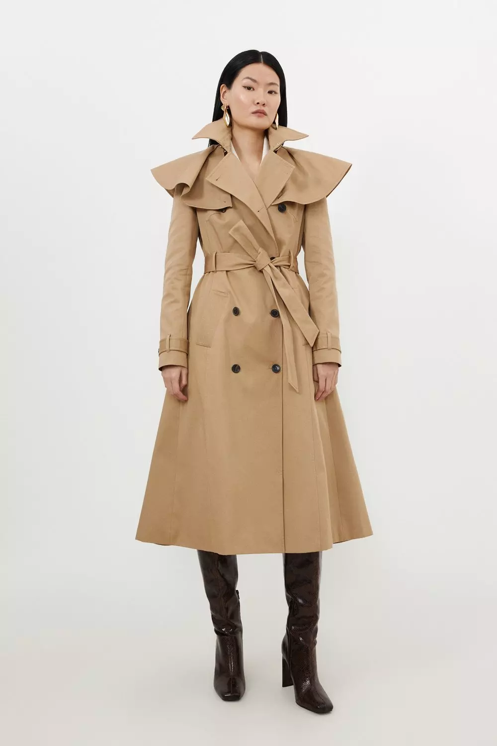 Tailored Draped Storm Flap Detail Belted Trench Coat | Karen Millen