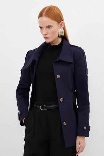 Tailored High Neck Belted Short Trench Coat navy