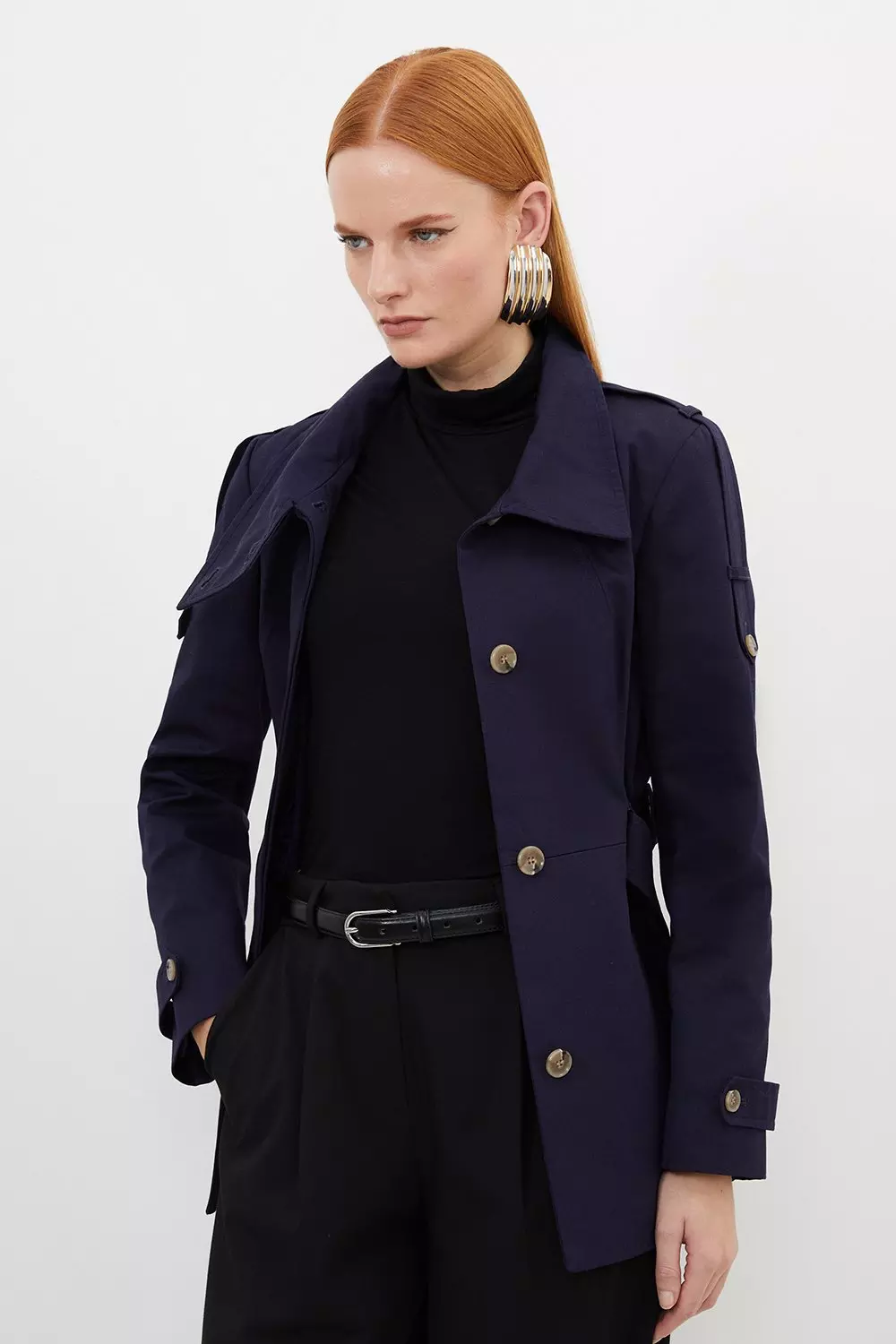 Tailored High Neck Belted Mini Trench Coat