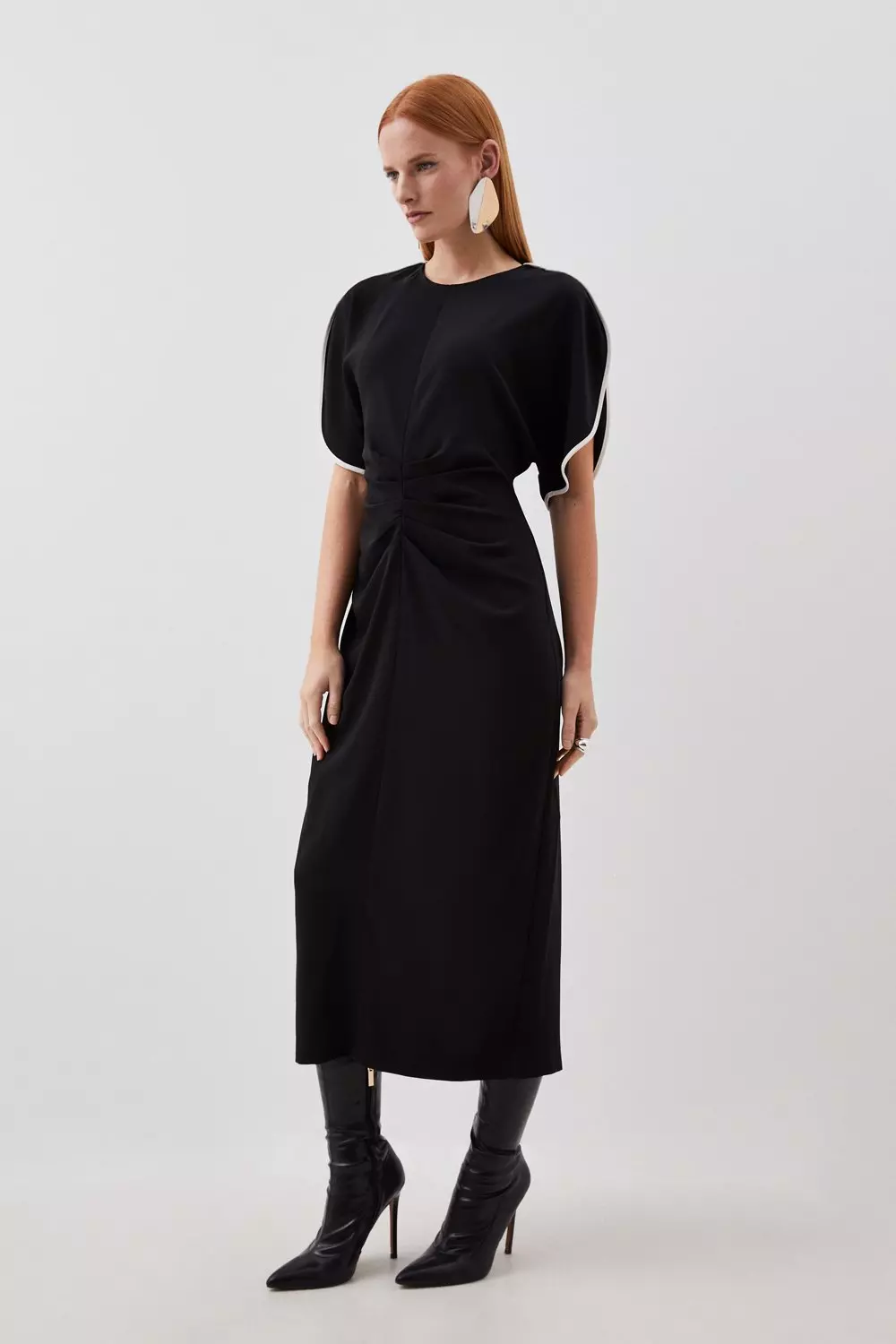 Soft Tailored Ruched Front Contrast Tipped Detail Midi Dress Karen Millen