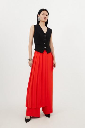 Red Soft Tailored Detachable Pleated Wrap Skirt Straight Trouser