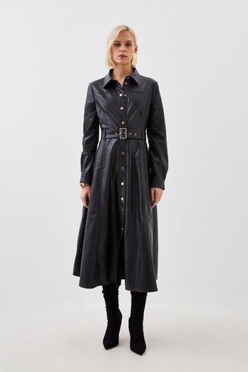 Black Faux Leather Long Sleeved Belted Midi Shirt Dress