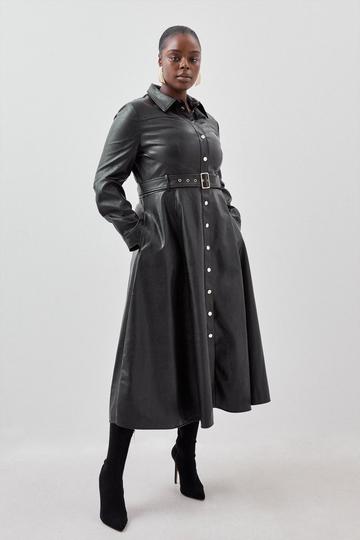 Plus Size Faux Leather Long Sleeved Belted Midi Shirt Dress black
