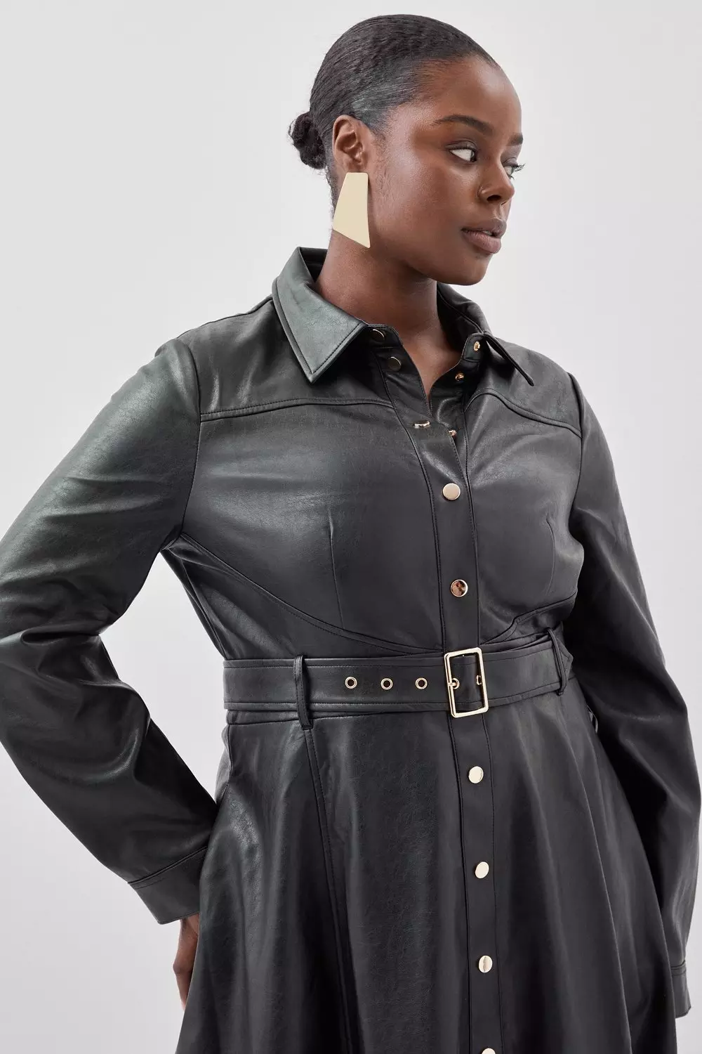 Black faux leather long sleeve tailored shirt dress