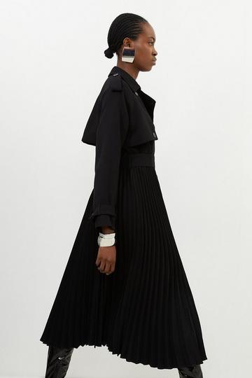 Black Tailored Pleat Detail Belted Trench Coat