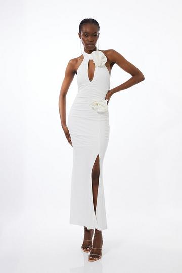Drapey Ruched Jersey Rosette Maxi Dress ivory