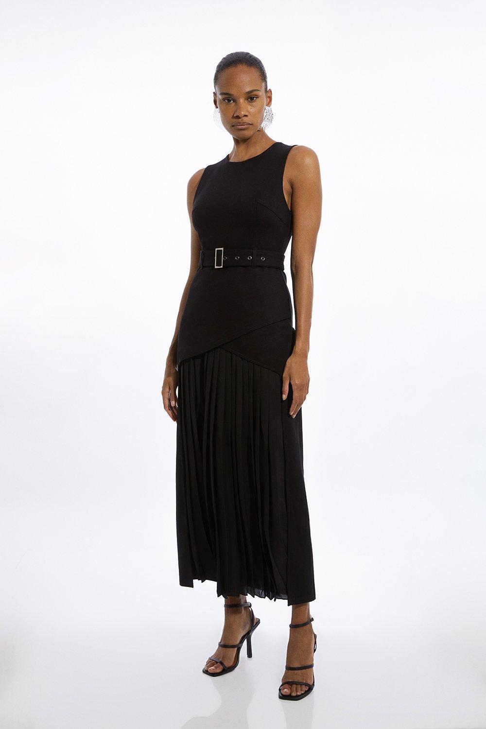 Ponte And Georgette Jersey Pleated Maxi Dress - Black