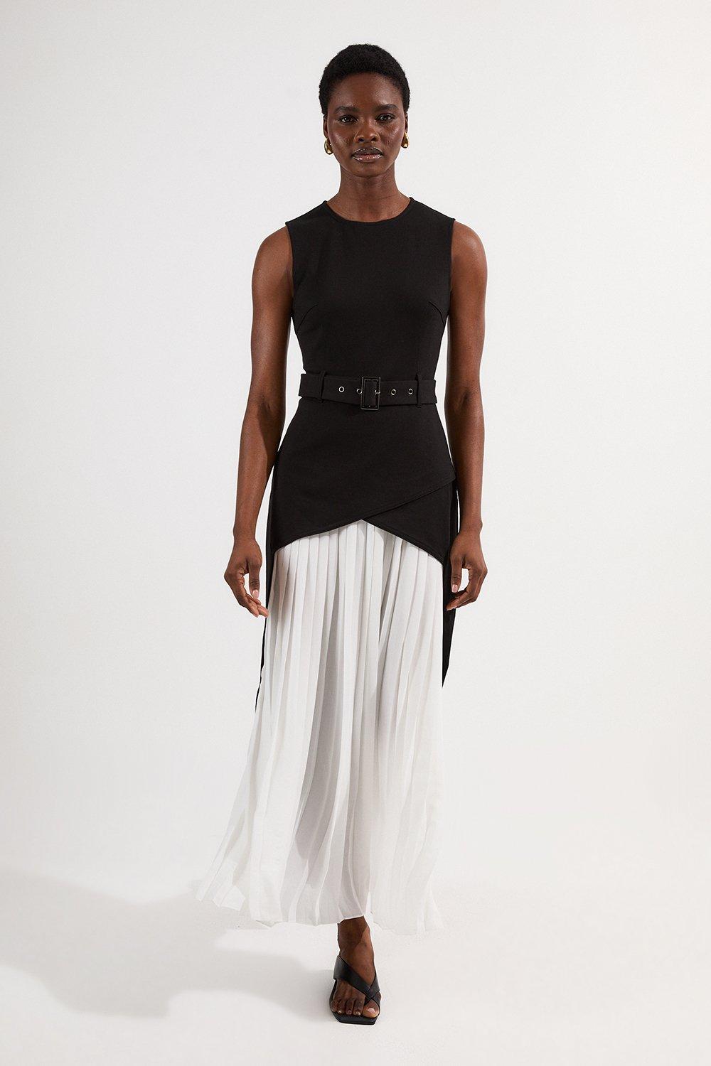 Ponte And Georgette Jersey Pleated Maxi Dress - Mono