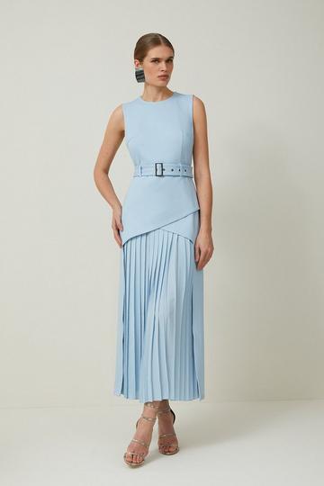 Blue Ponte And Georgette Jersey Pleated Maxi Dress