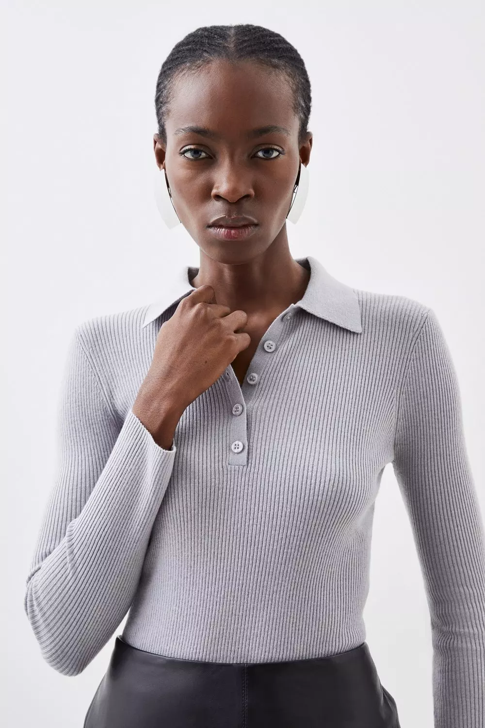 Wool Blend Knit Polo Top | Karen Millen