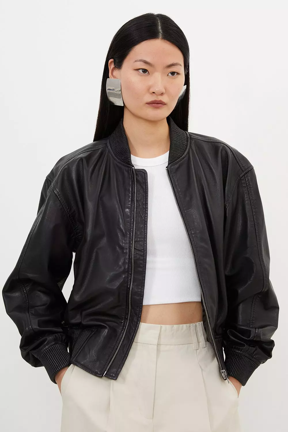 Ribbed Collar Leather Bomber Jacket