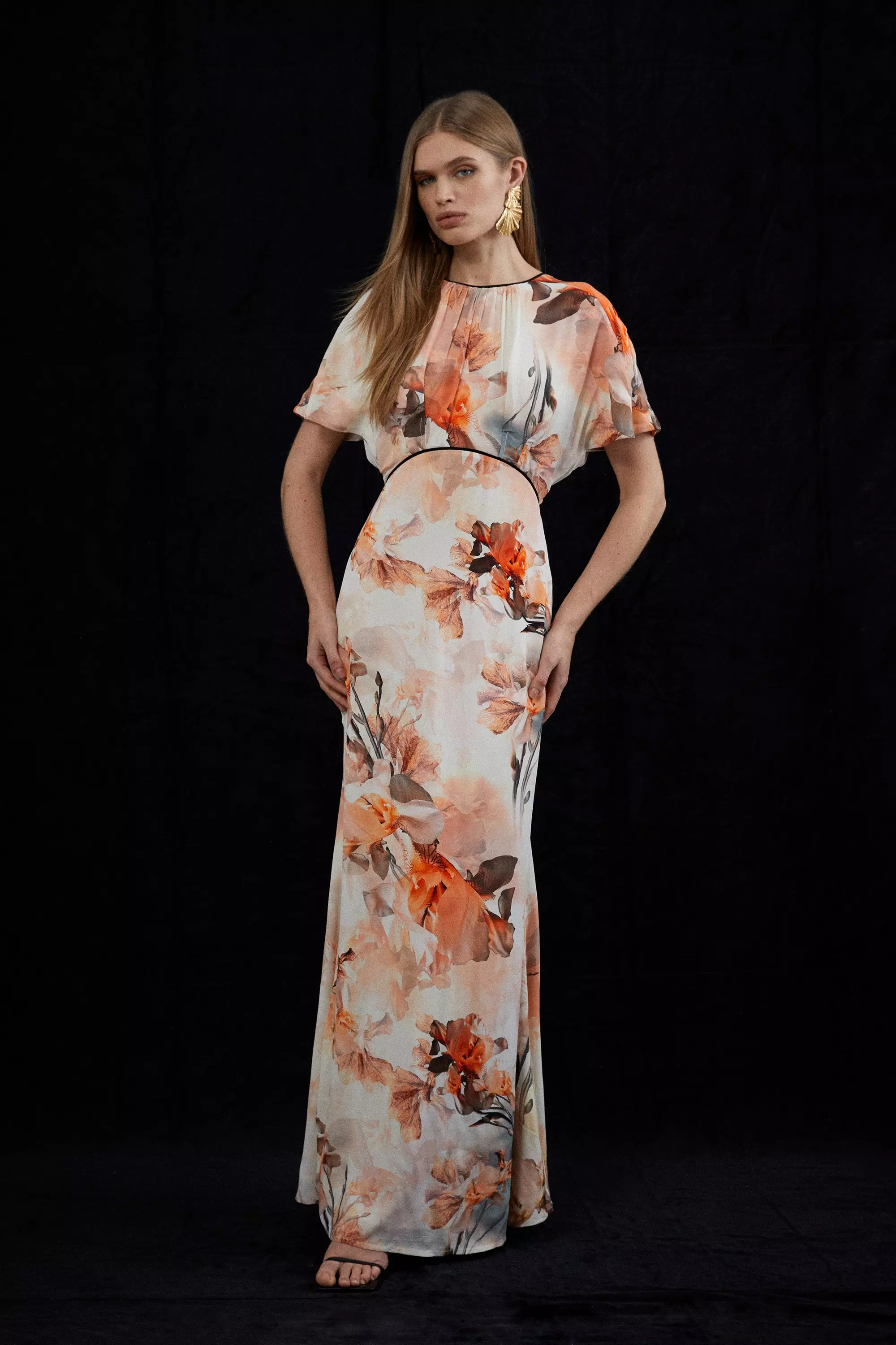 Petite Blurred Floral Woven Column Angel Sleeve Maxi Dress Karen Millen