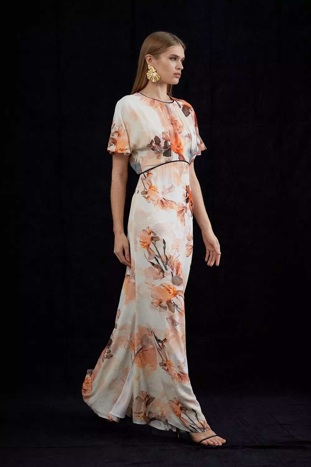 Blurred Floral Woven Column Angel Sleeve Maxi Dress Karen Millen