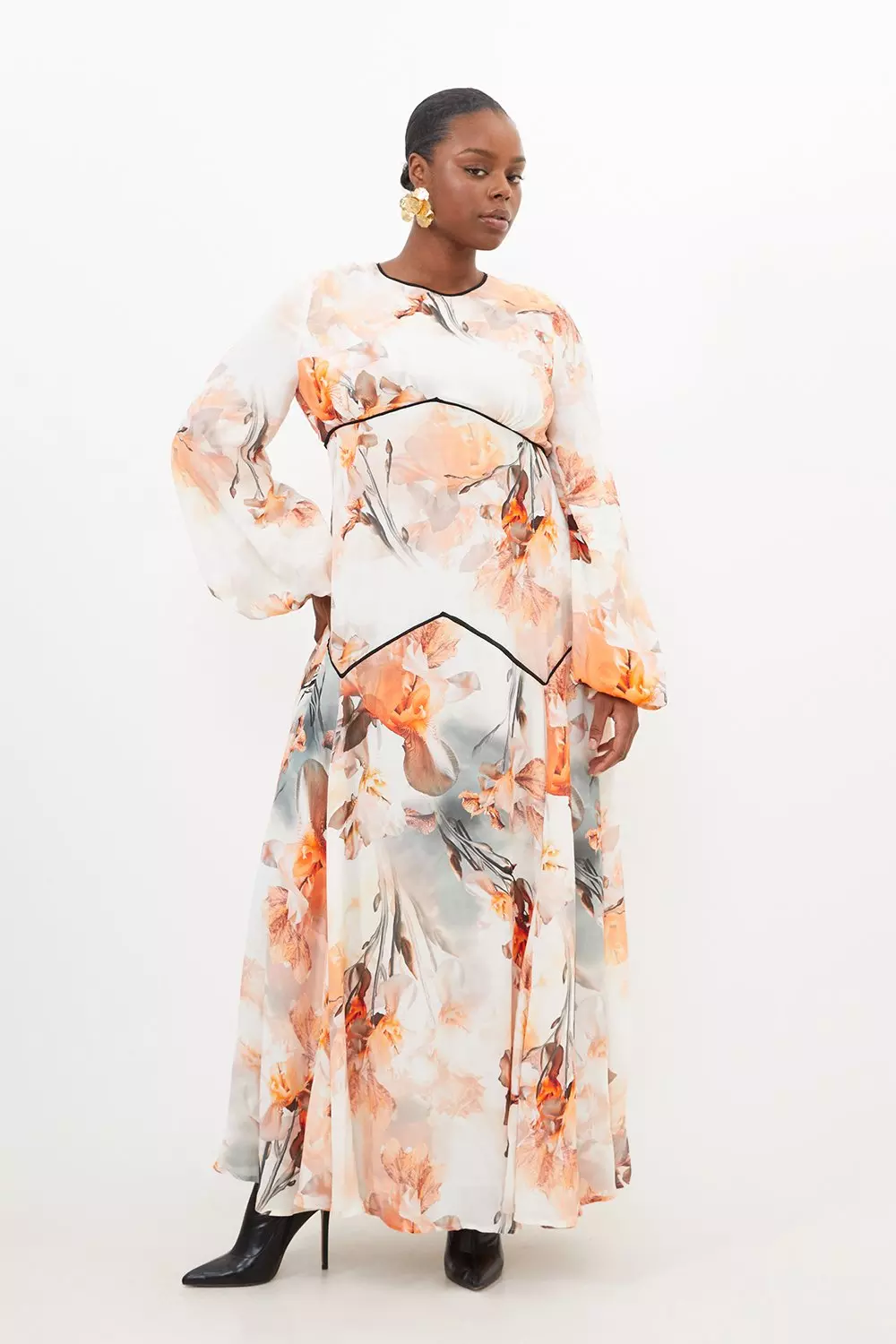 Floral Print Plunge Long Sleeve Maxi Dress