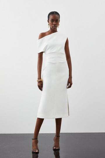 Compact Stretch Drop Shoulder Tailored Midi Dress ivory
