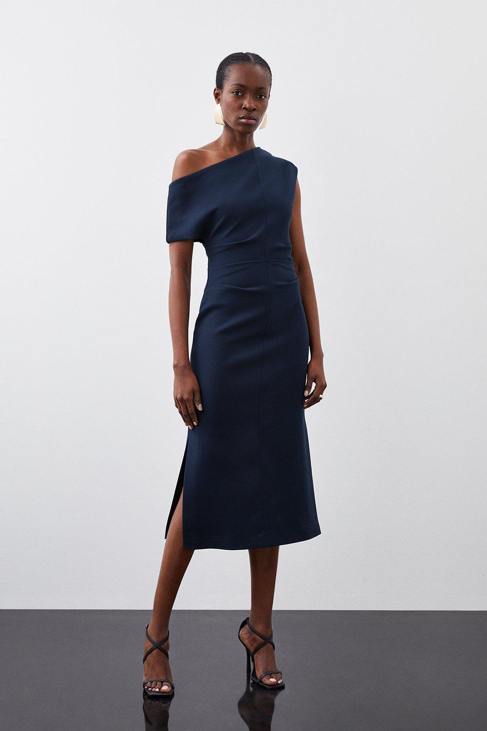 Compact Stretch Drop Shoulder Tailored Midi Dress - Navy