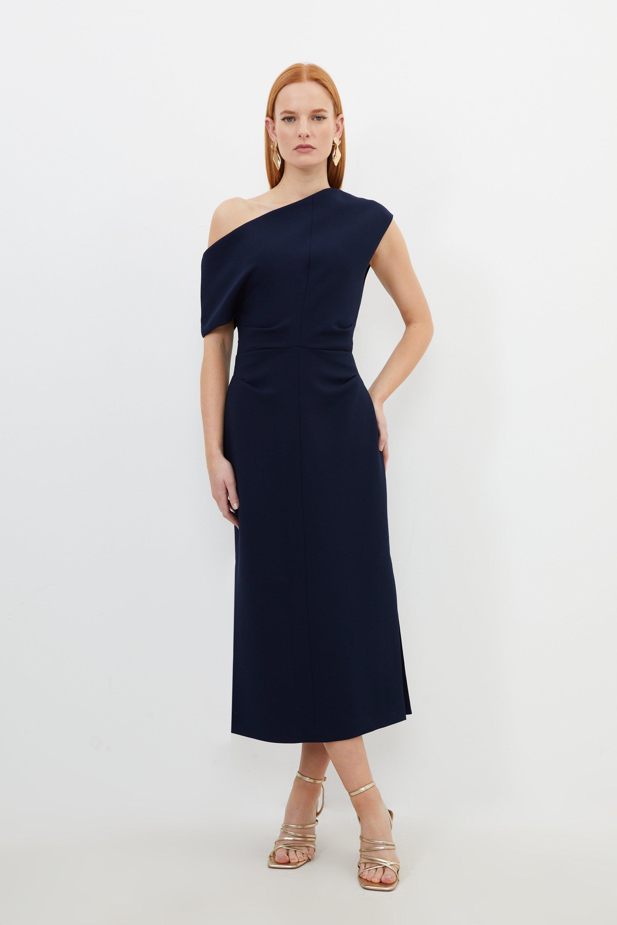 Compact Stretch Drop Shoulder Tailored Midi Dress - Navy