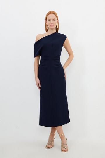 Navy Compact Stretch Drop Shoulder Tailored Midi Dress