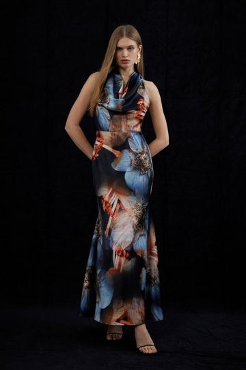 Multi Tall Photographic Floral Woven Satin Maxi Dress