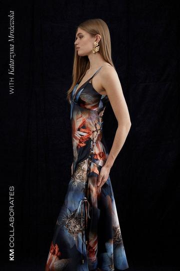 Multi Photographic Floral Woven Satin Tie Detail Maxi Dress