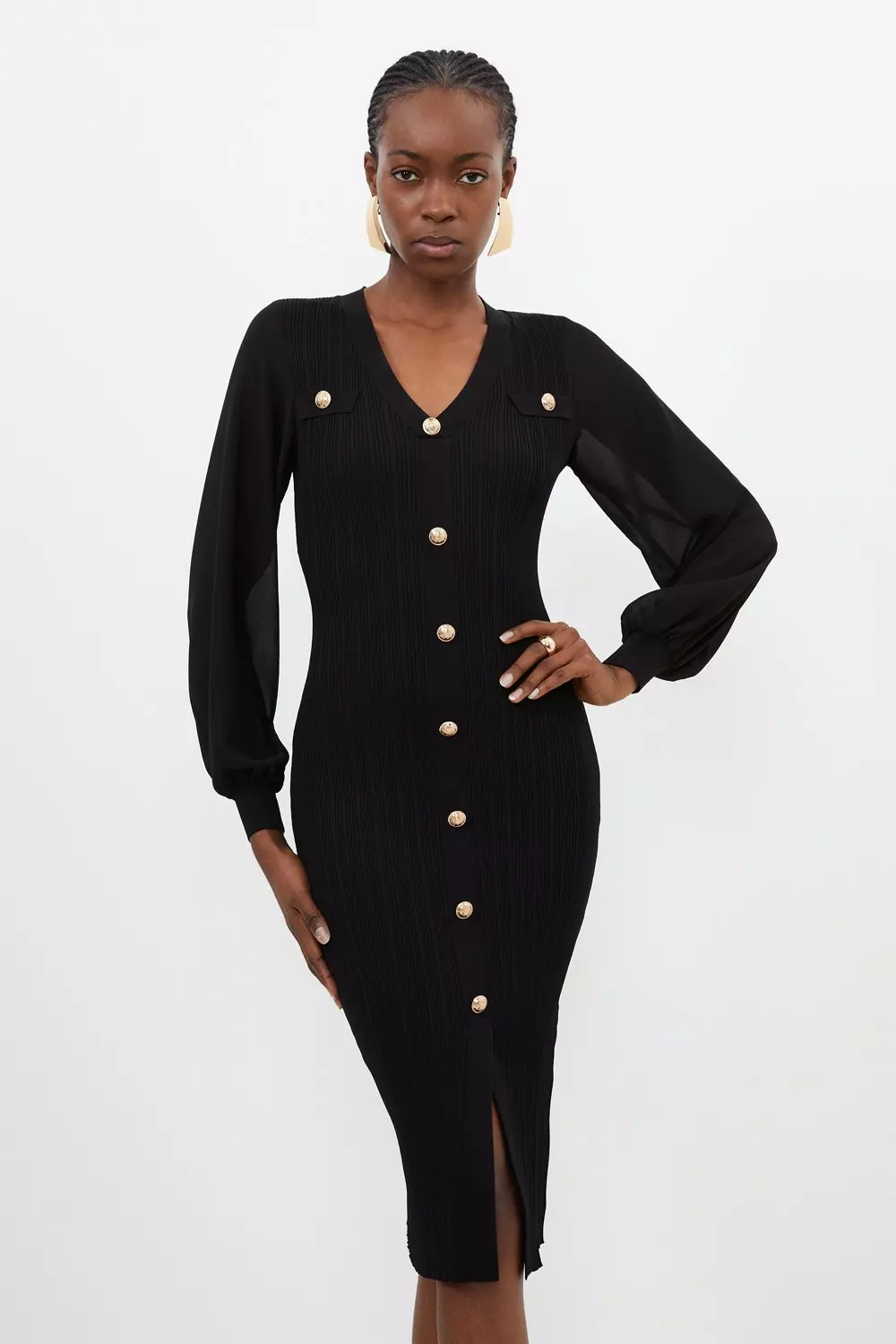 Viscose Blend Rib Knit Chiffon Sleeve Midi Dress