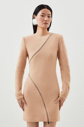 Premium 100% Washed Wool Knit Zip Detail Mini Dress camel