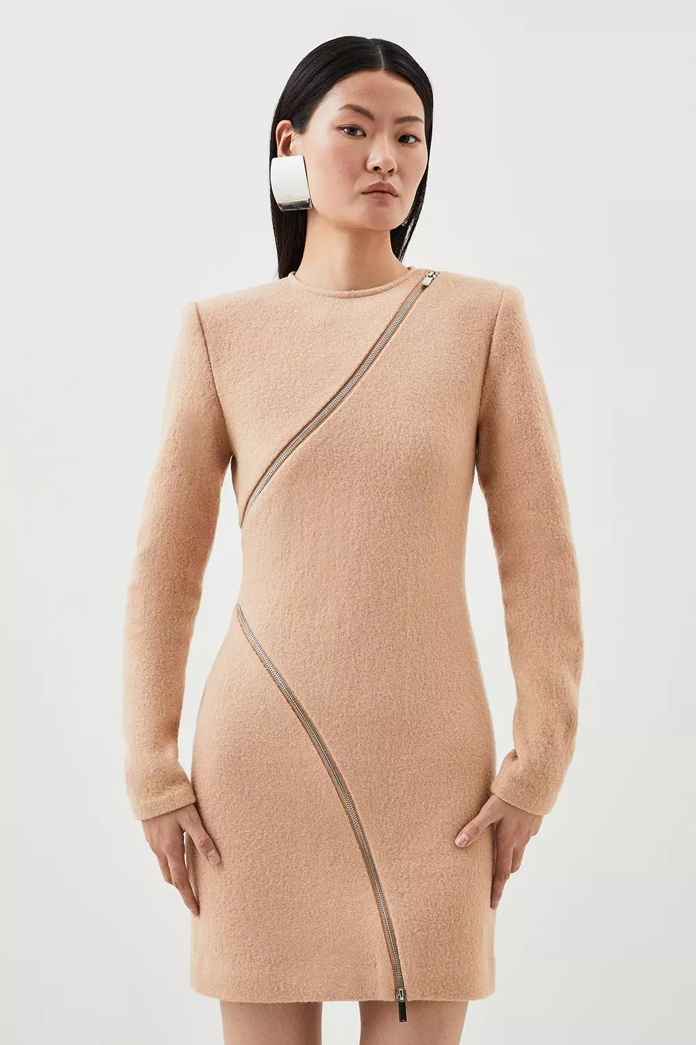 Premium 100% Washed Wool Knit Zip Detail Mini Dress