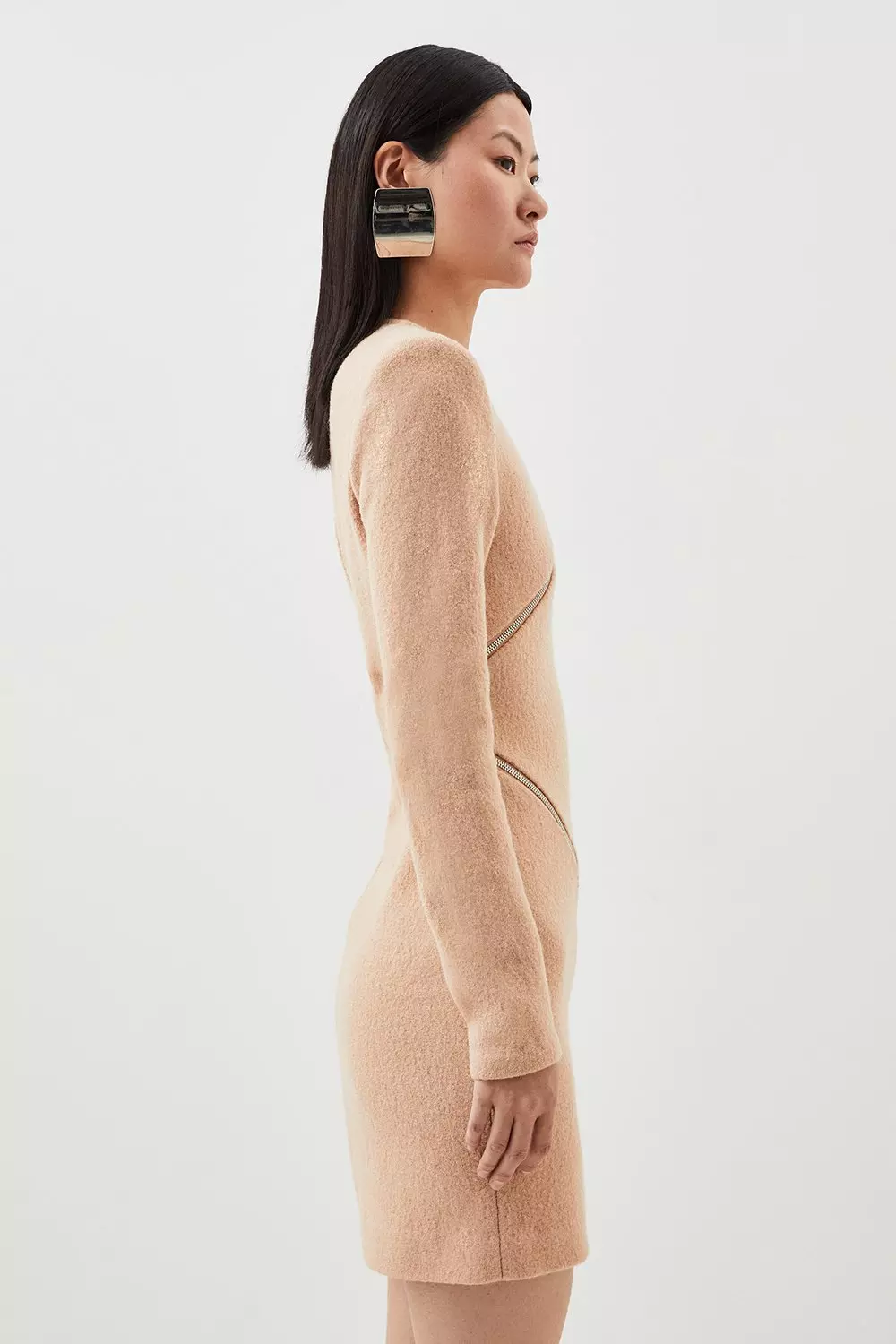 Premium 100% Washed Wool Knit Zip Detail Mini Dress | Karen Millen