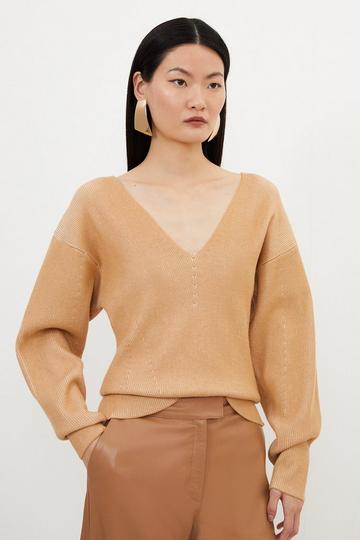 Viscose Blend Cable Plaited Rib Batwing Knit Top camel