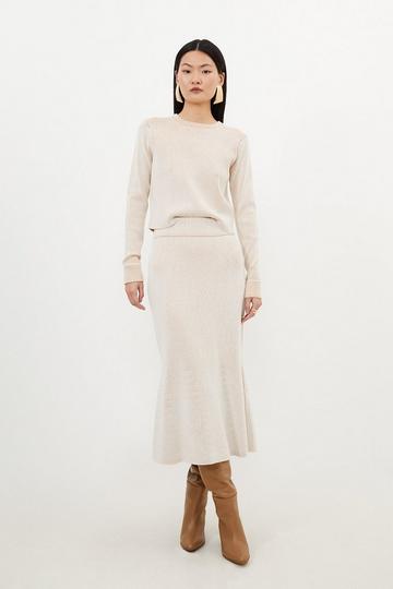 Viscose Blend Plaited Rib Knit Midi Skirt neutral