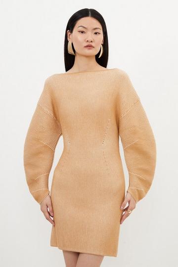 Viscose Blend Round Sleeve Knit Mini Dress camel