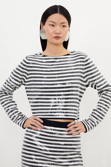Stripe Multi Viscose Blend Sequin Knit Top