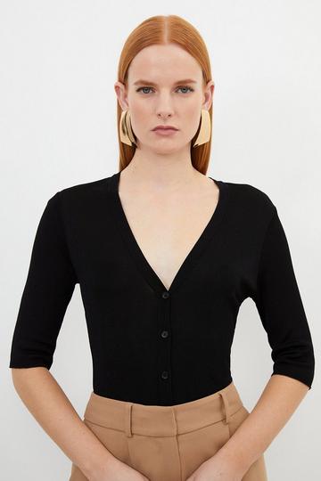 Viscose Blend Slinky Sheer Knit Button Shirt black