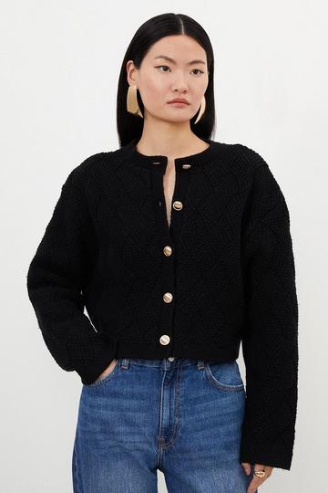 Wool Blend Button Chunky Textured Knit Cardigan black