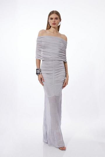 Grey Viscose Blend Slinky Sheer Knit Bardot Maxi Dress
