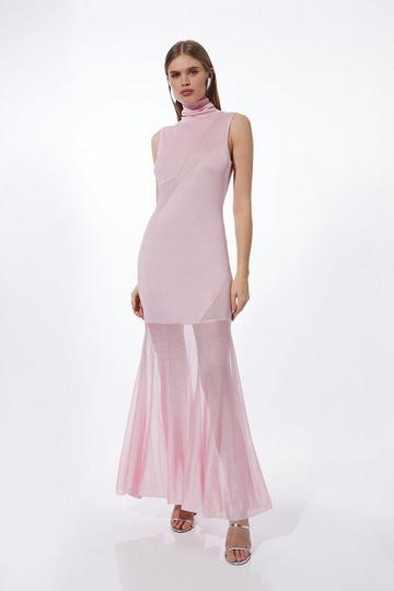 Blush Pink Viscose Blend Slinky Sheer Knit Roll Neck Maxi Dress