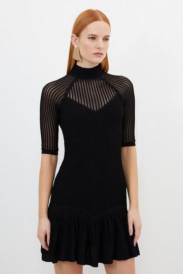 Black Viscose Blend Sheer Knit Peplum Mini Dress