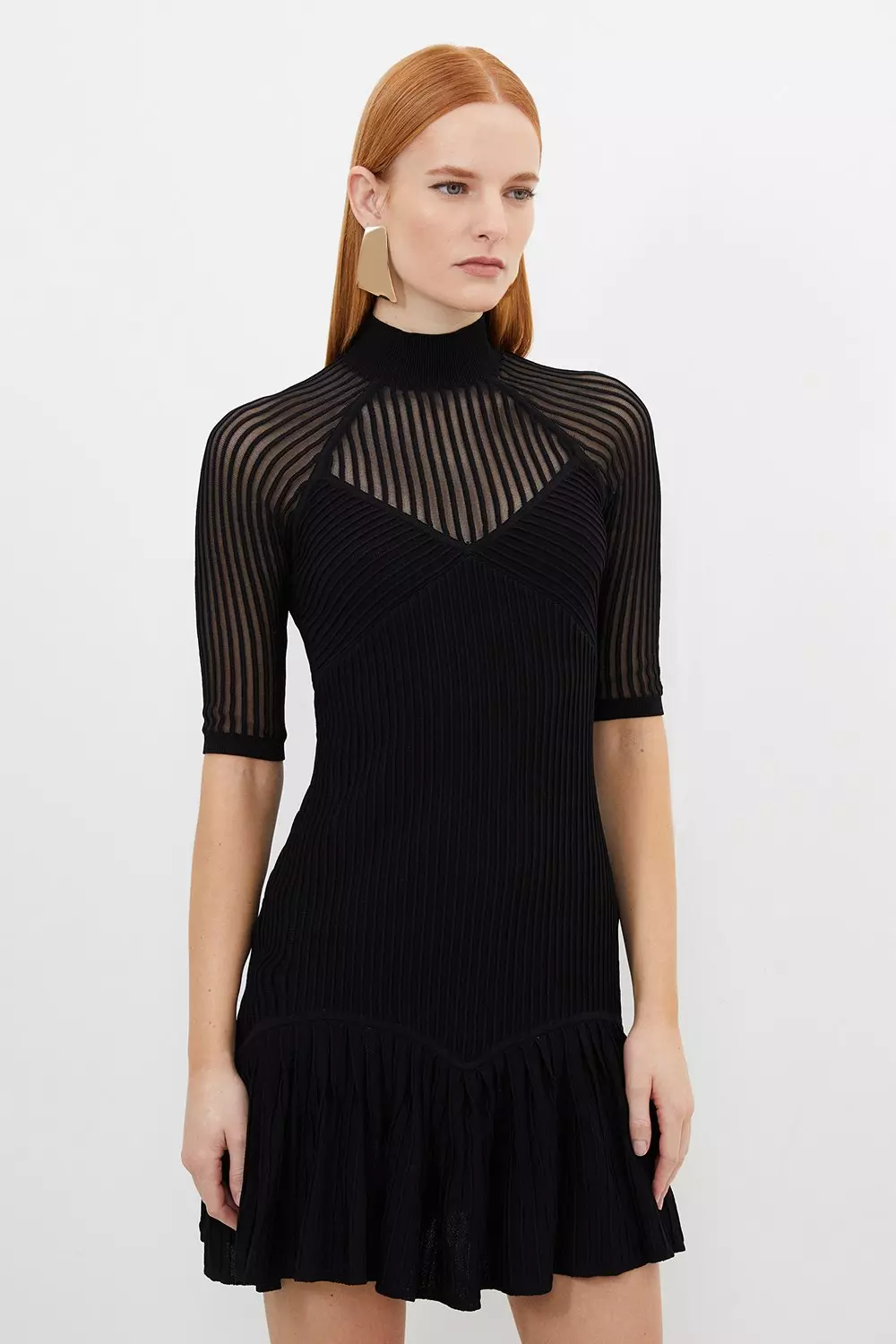 Viscose Blend Sheer Knit Peplum Mini Dress | Karen Millen