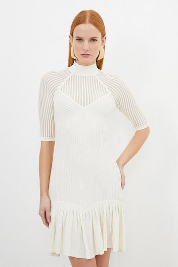 Viscose Blend Sheer Knit Peplum Mini Dress ivory