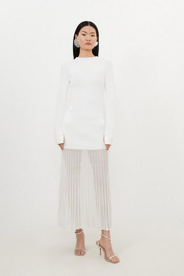 Cream White Viscose Blend Knit Sheer Skirt Midaxi Dress