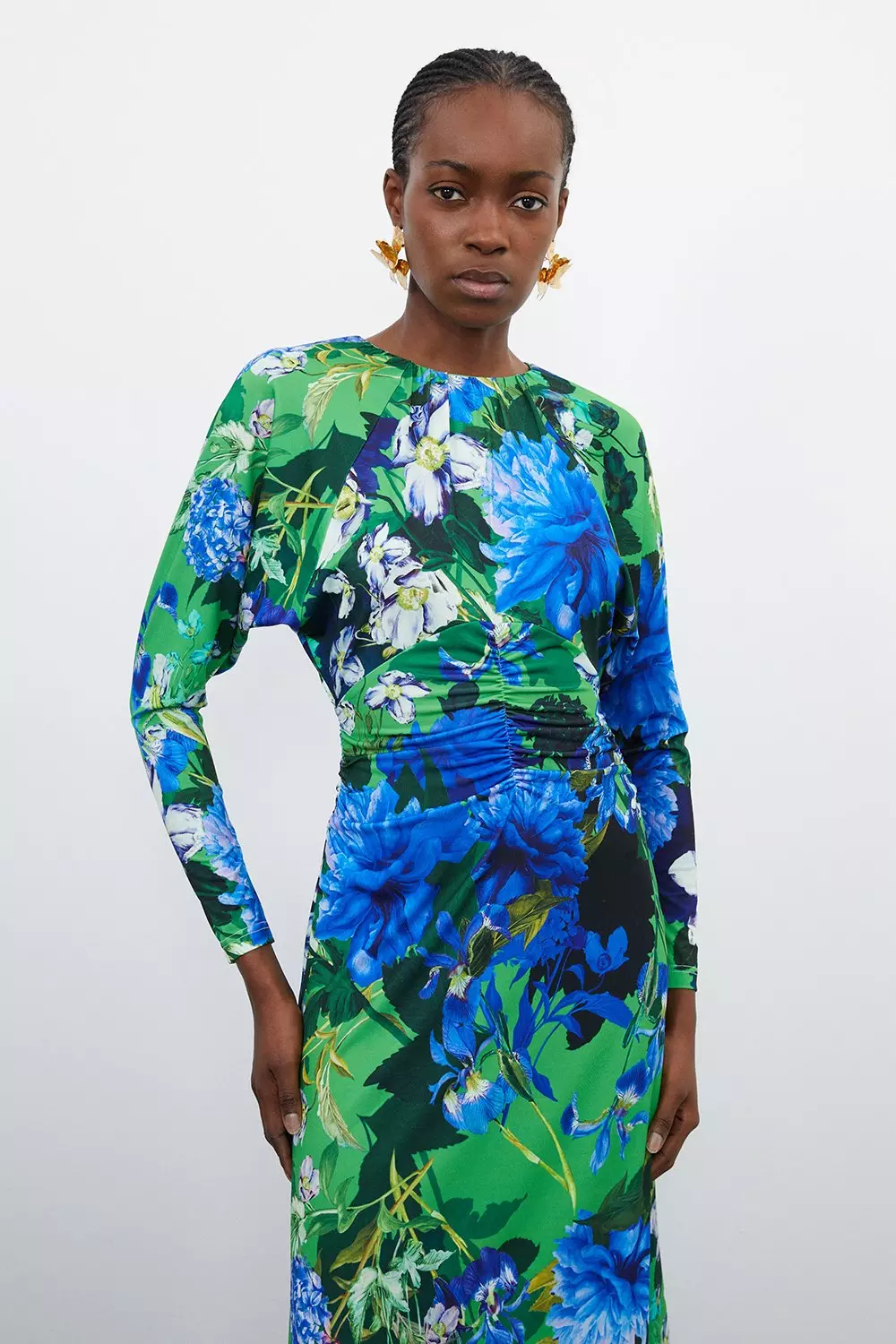 Cobalt tropical print batwing sleeve split leg maxi clearance dress